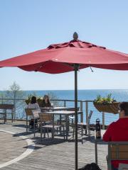 Students sit outside on the Hamar Patio.